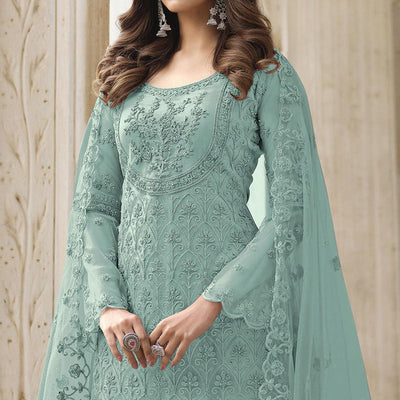 Light Turquoise Embroidered With Embellished Net Palazzo Suit