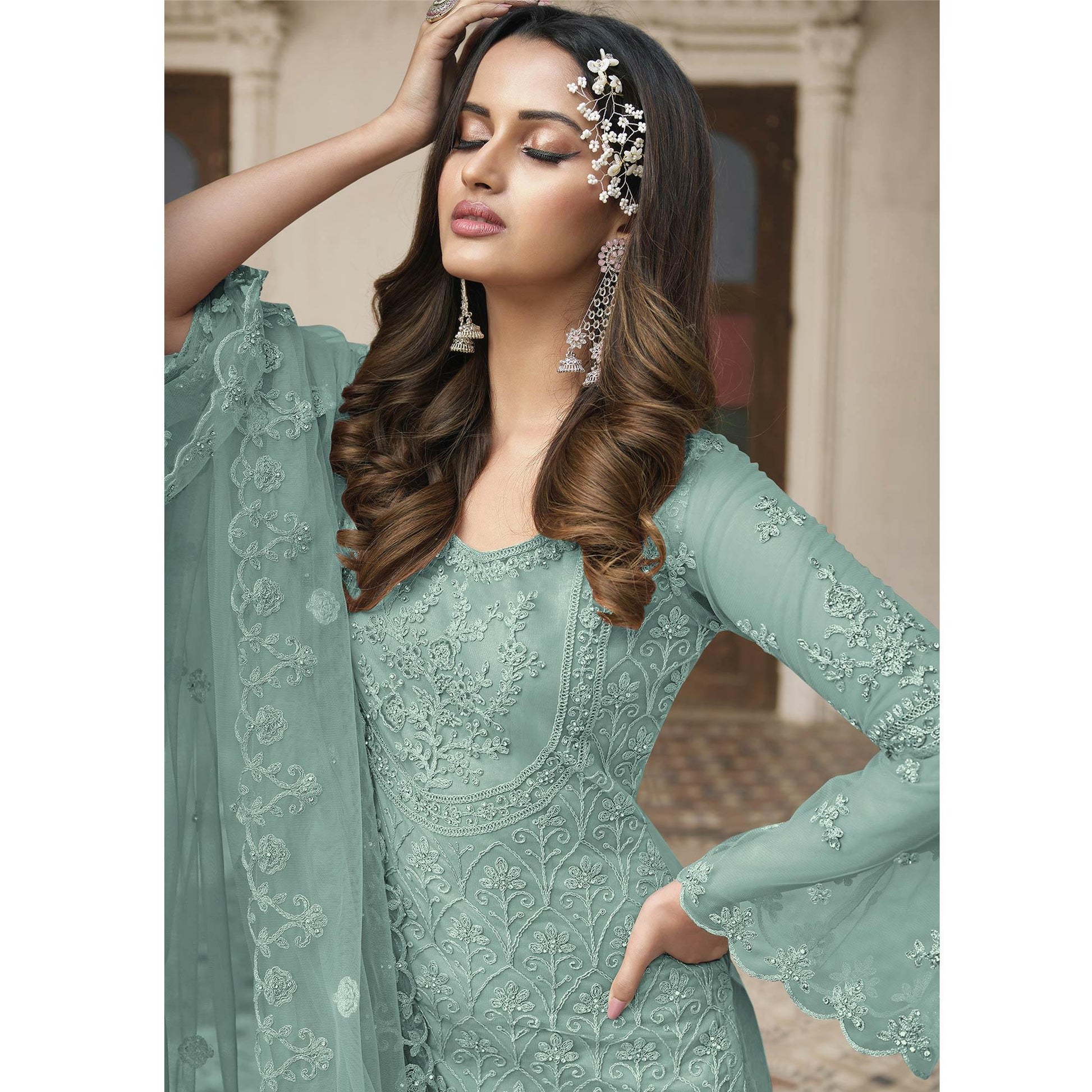 Light Turquoise Embroidered With Embellished Net Palazzo Suit