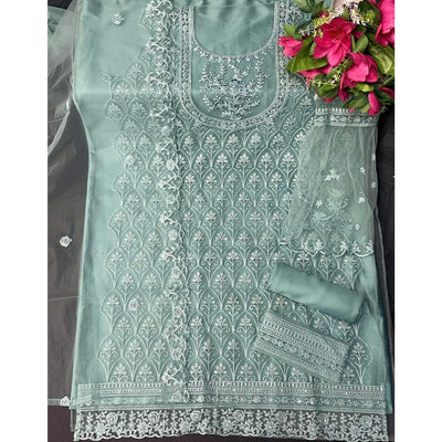 Light Turquoise Embroidered With Embellished Net Palazzo Suit