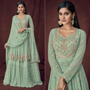 Light Turquoise Partywear Embroidered & Embellished Georgette Sharara Suit