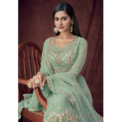 Light Turquoise Partywear Embroidered & Embellished Georgette Sharara Suit