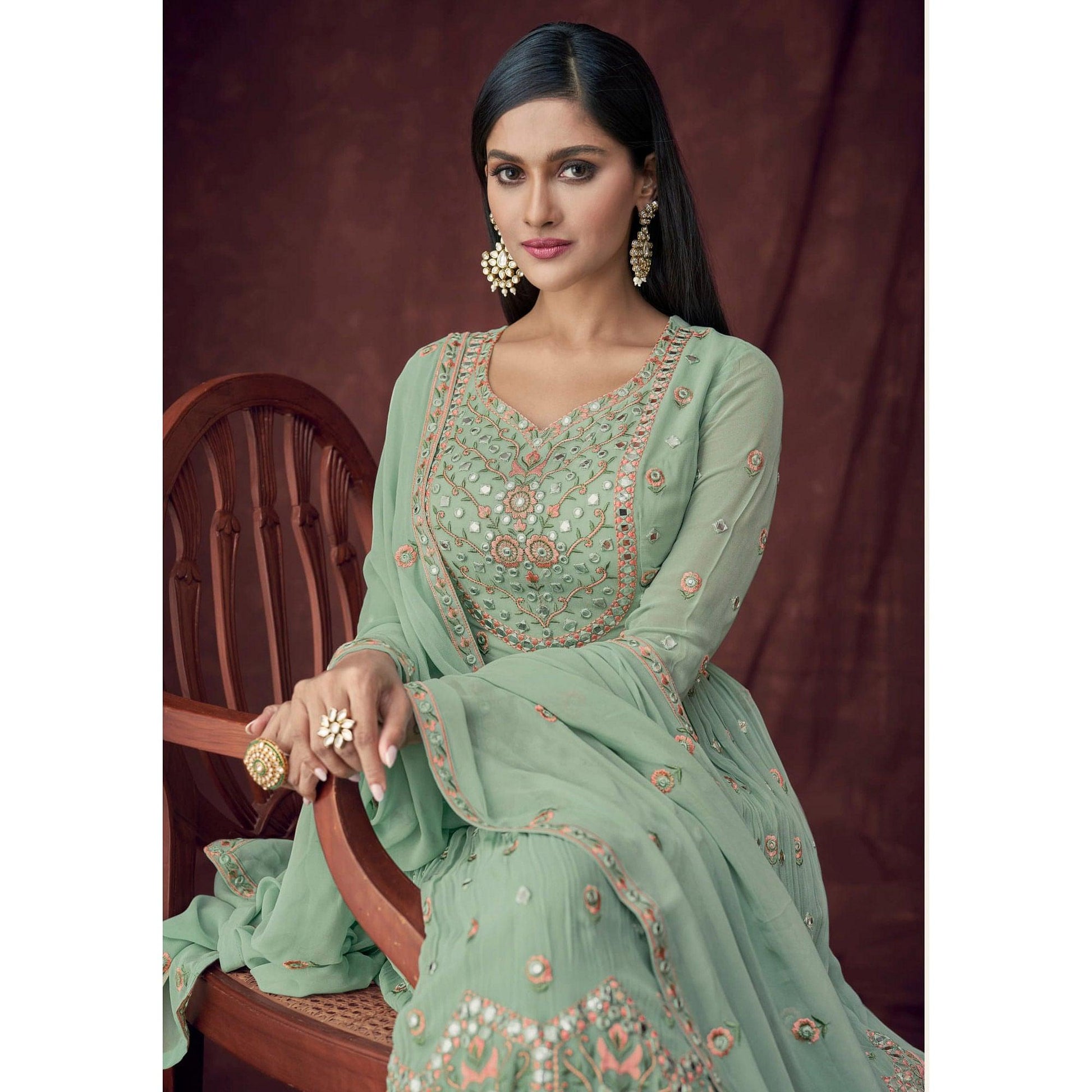 Light Turquoise Partywear Embroidered & Embellished Georgette Sharara Suit