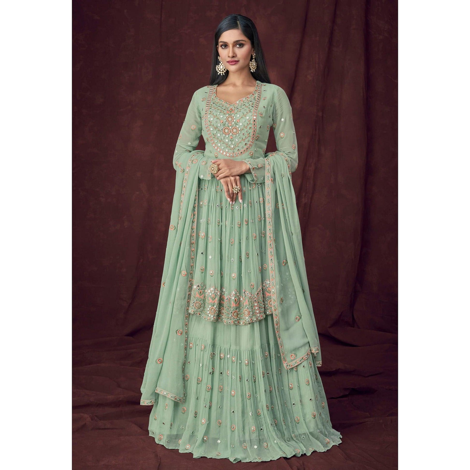Light Turquoise Partywear Embroidered & Embellished Georgette Sharara Suit