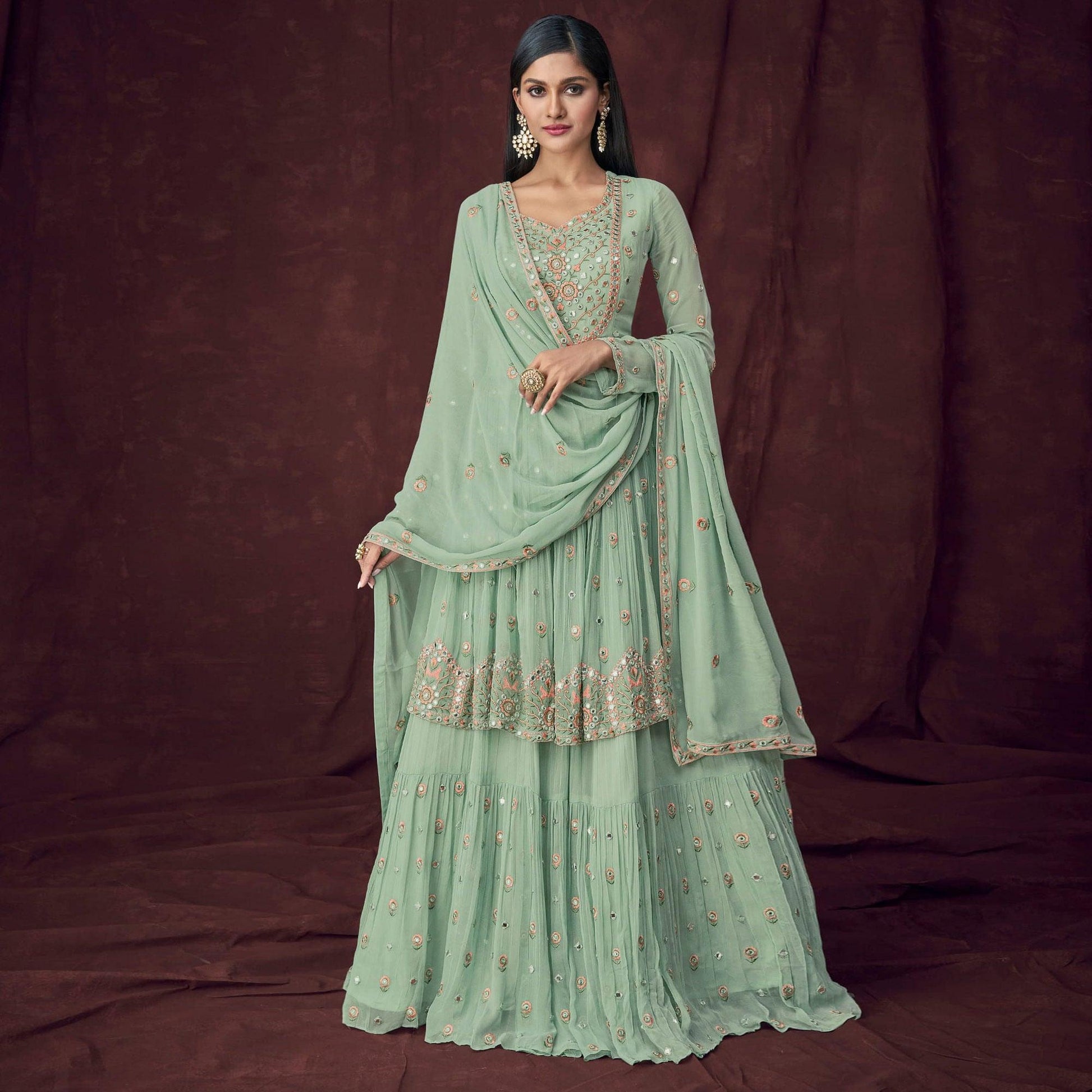 Light Turquoise Partywear Embroidered & Embellished Georgette Sharara Suit