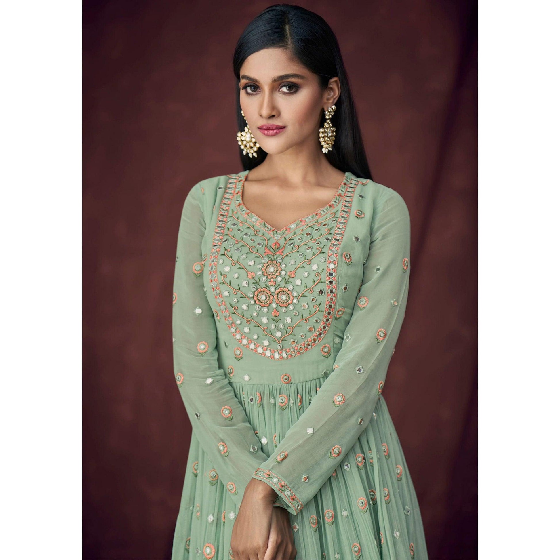 Light Turquoise Partywear Embroidered & Embellished Georgette Sharara Suit