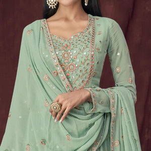 Light Turquoise Partywear Embroidered & Embellished Georgette Sharara Suit