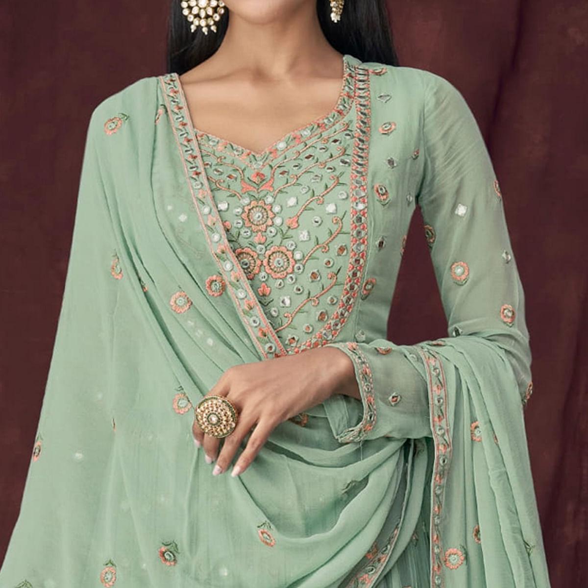 Light Turquoise Partywear Embroidered & Embellished Georgette Sharara Suit