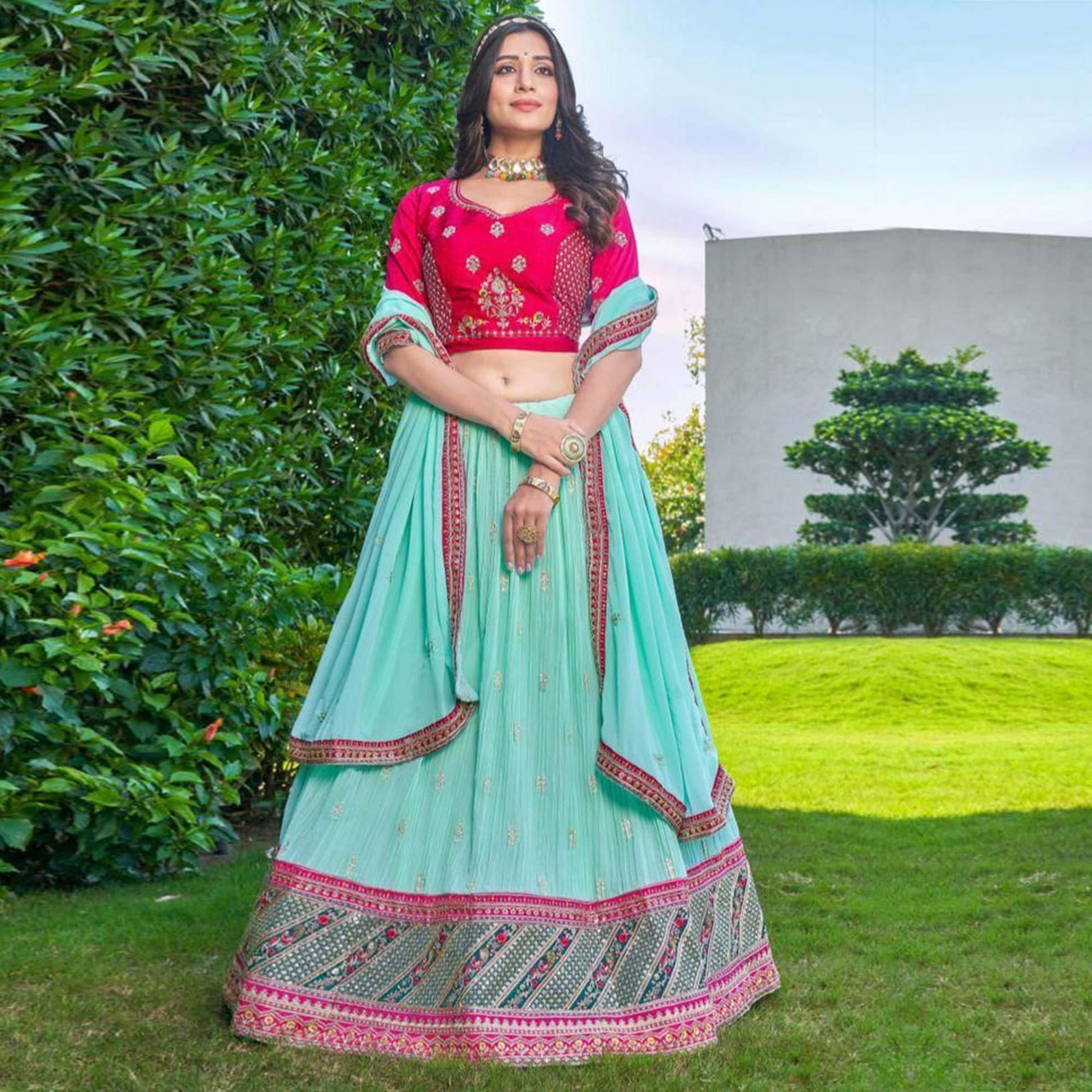 Light Turquoise Partywear Embroidered Georgette Lehenga Choli