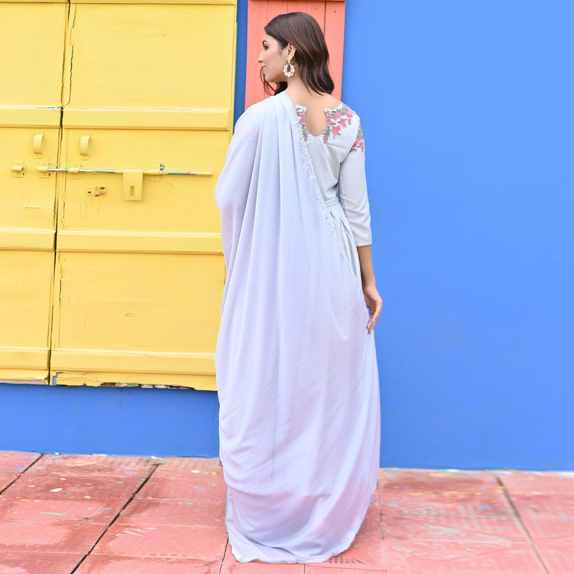 Light Violet Floral Embroidered Muslin Gown