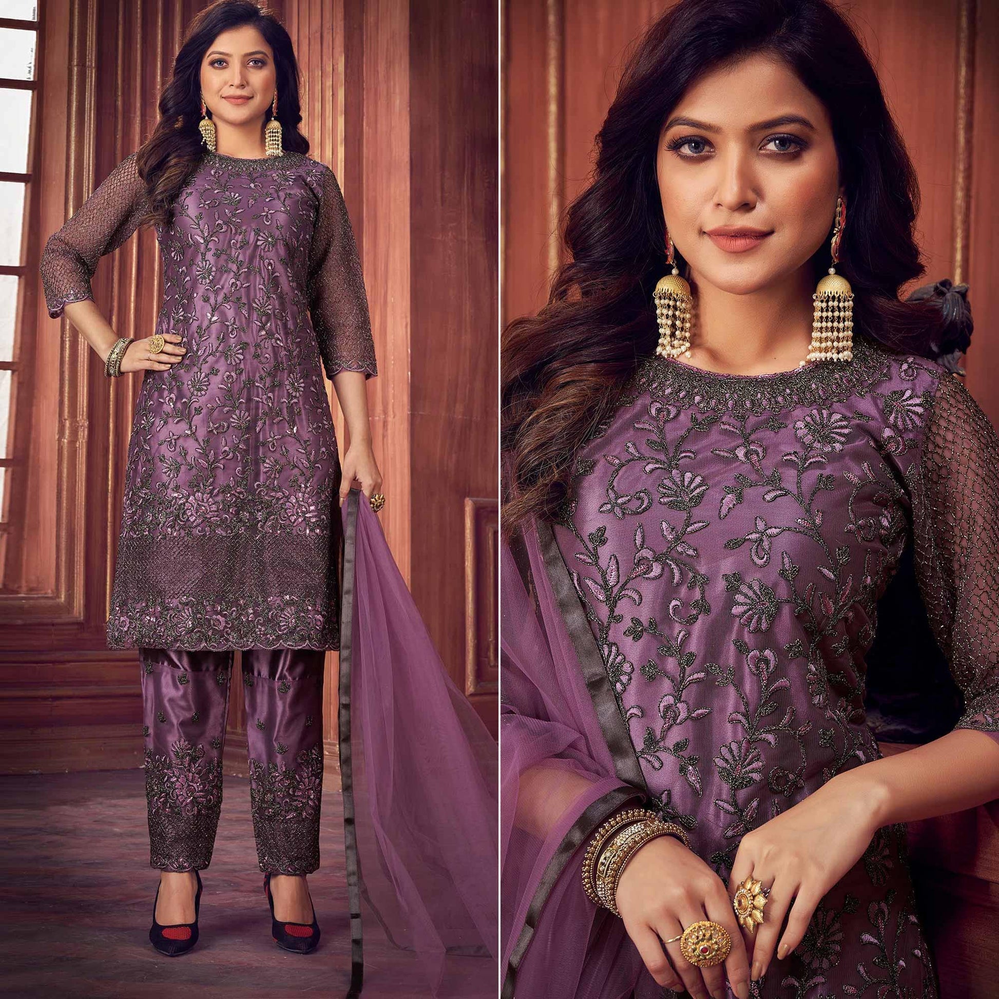 Light Violet Floral Embroidered Net Partywear Suit