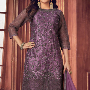 Light Violet Floral Embroidered Net Partywear Suit