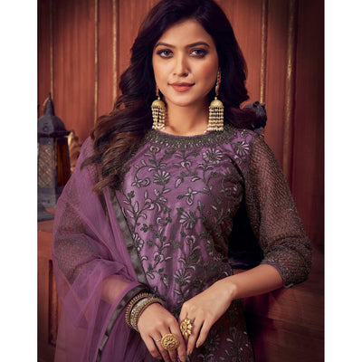 Light Violet Floral Embroidered Net Partywear Suit