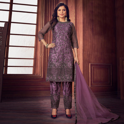 Light Violet Floral Embroidered Net Partywear Suit
