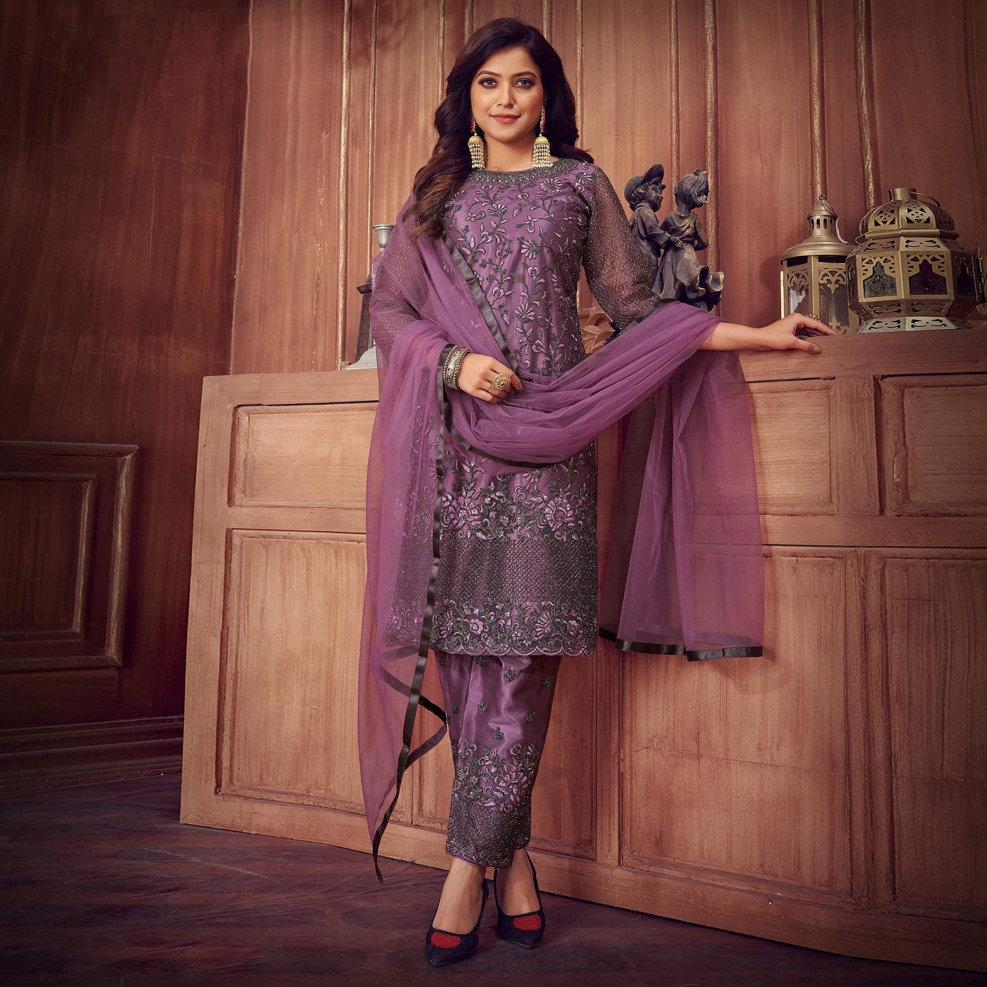 Light Violet Floral Embroidered Net Partywear Suit