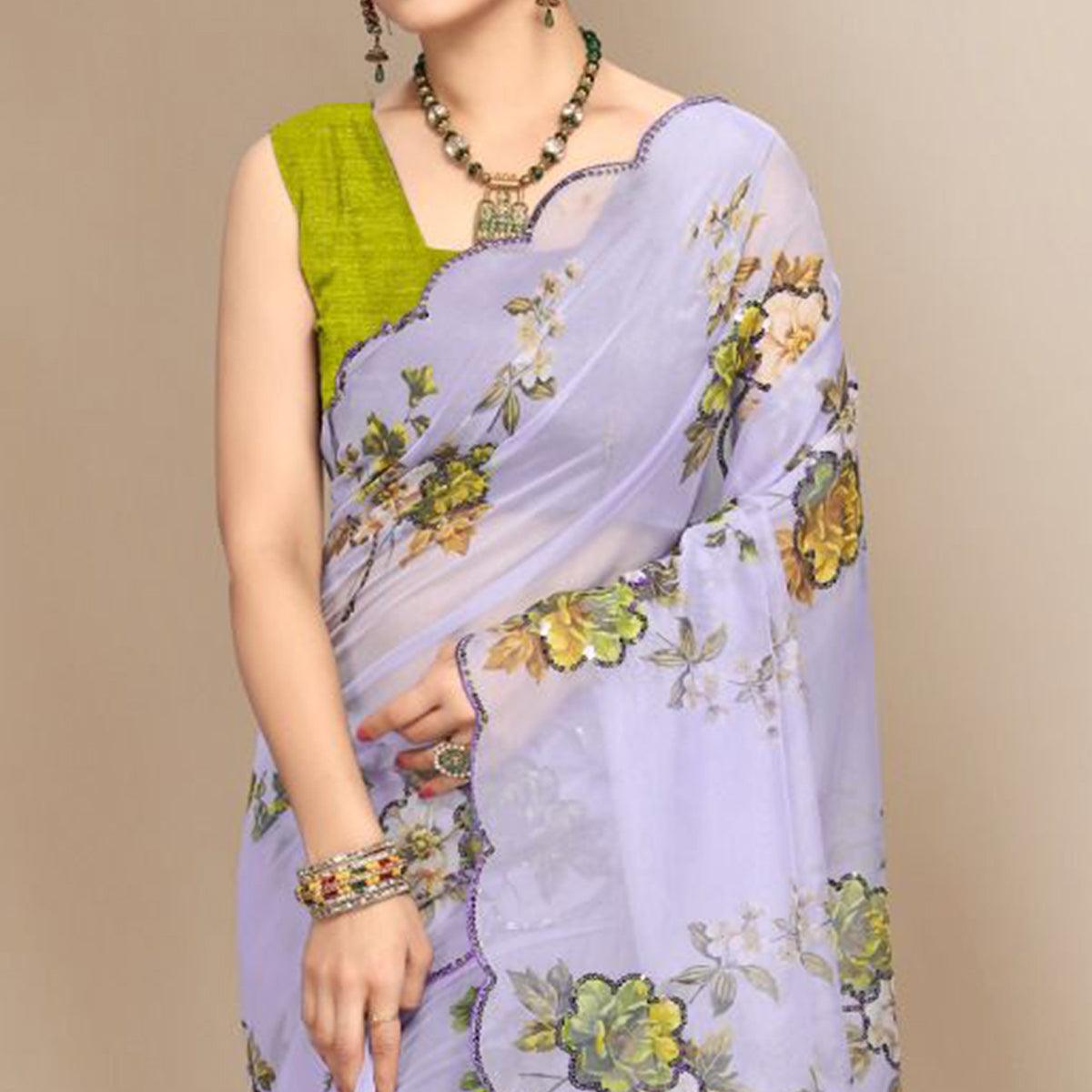 Light Violet Partywear Sequins & Printed Organza Saree