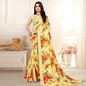 Light Yellow Casaul Wear Floral Printed Georgette Saree With Satin Lace