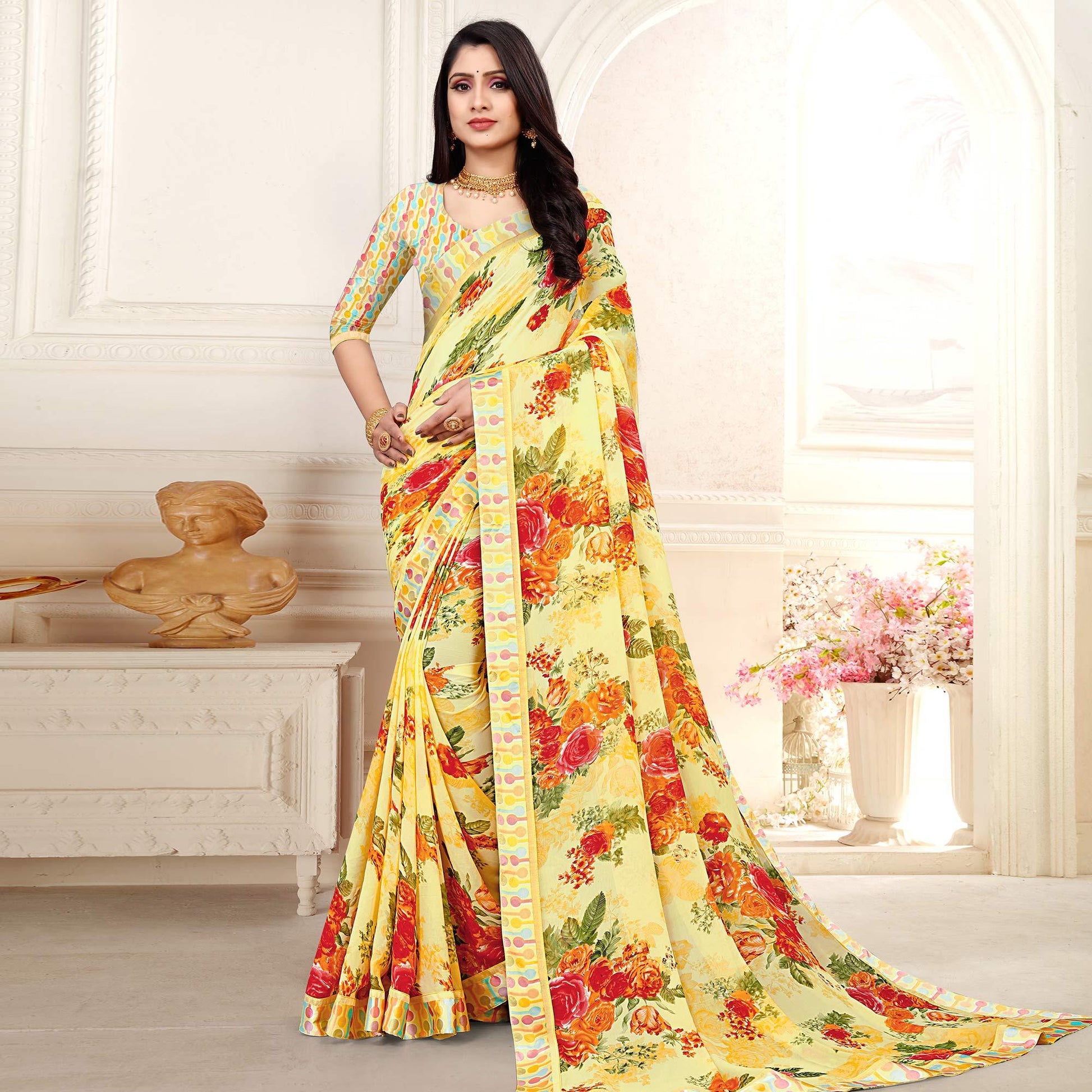 Light Yellow Casaul Wear Floral Printed Georgette Saree With Satin Lace