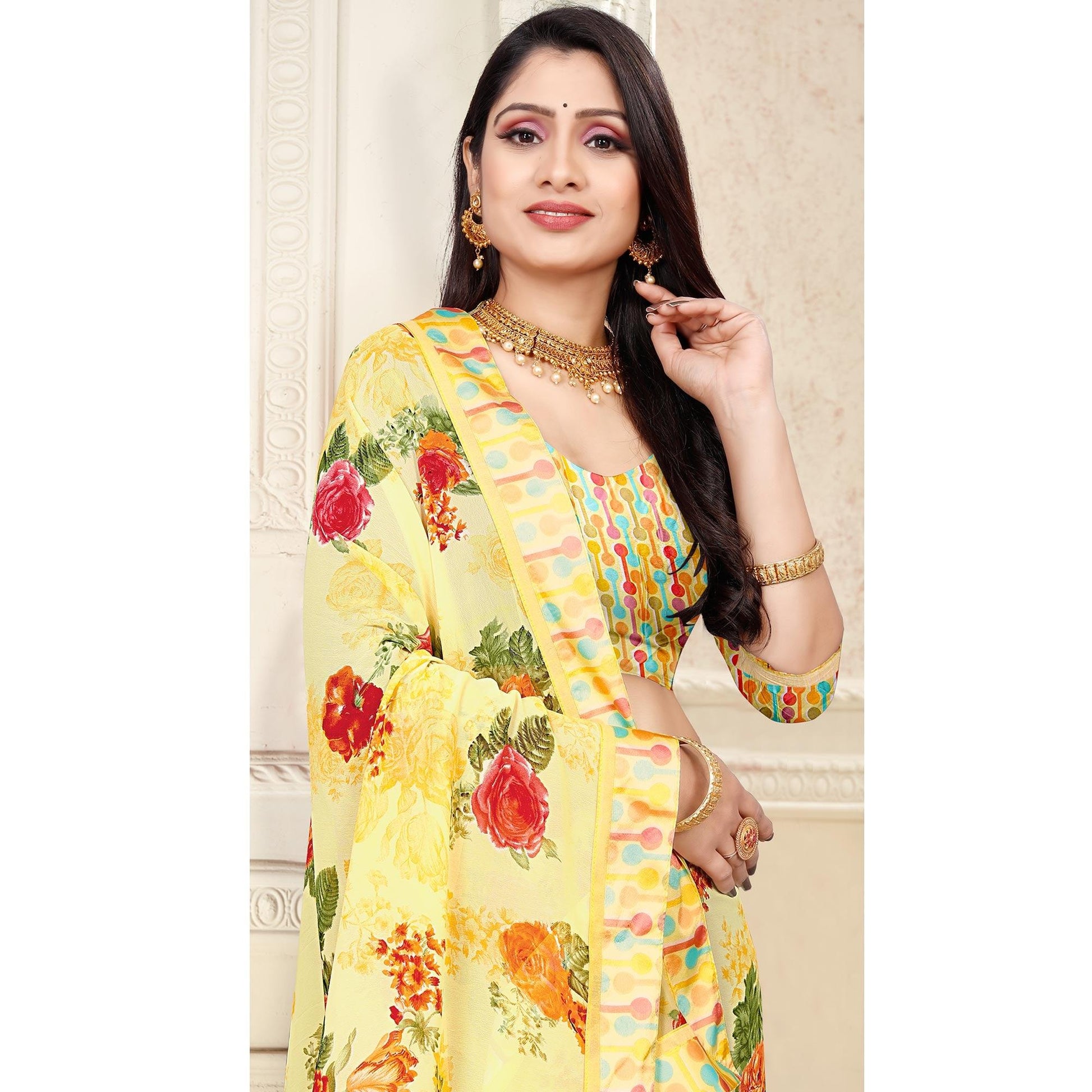 Light Yellow Casaul Wear Floral Printed Georgette Saree With Satin Lace