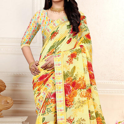 Light Yellow Casaul Wear Floral Printed Georgette Saree With Satin Lace