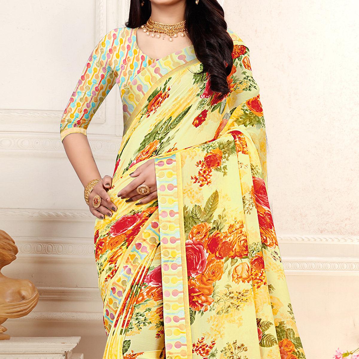Light Yellow Casaul Wear Floral Printed Georgette Saree With Satin Lace