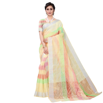 Light Yellow Casual Wear Checks Printed Silk Saree With Border