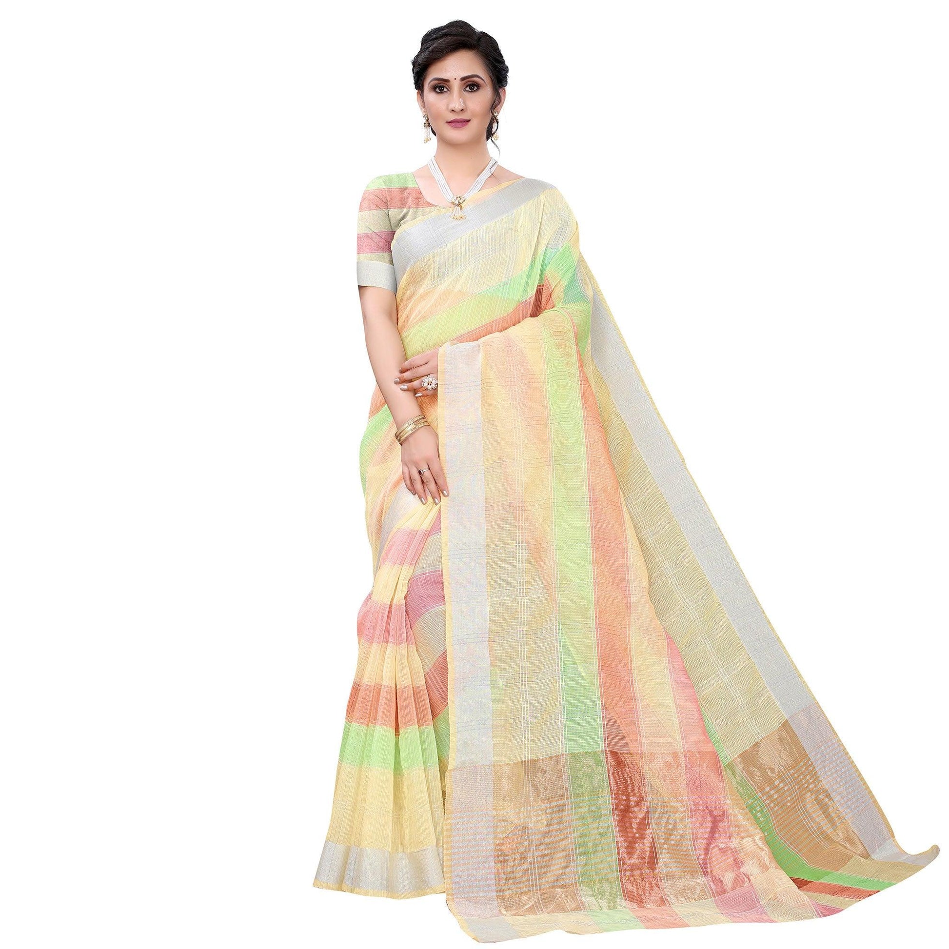 Light Yellow Casual Wear Checks Printed Silk Saree With Border