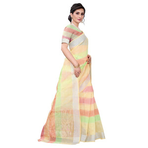Light Yellow Casual Wear Checks Printed Silk Saree With Border