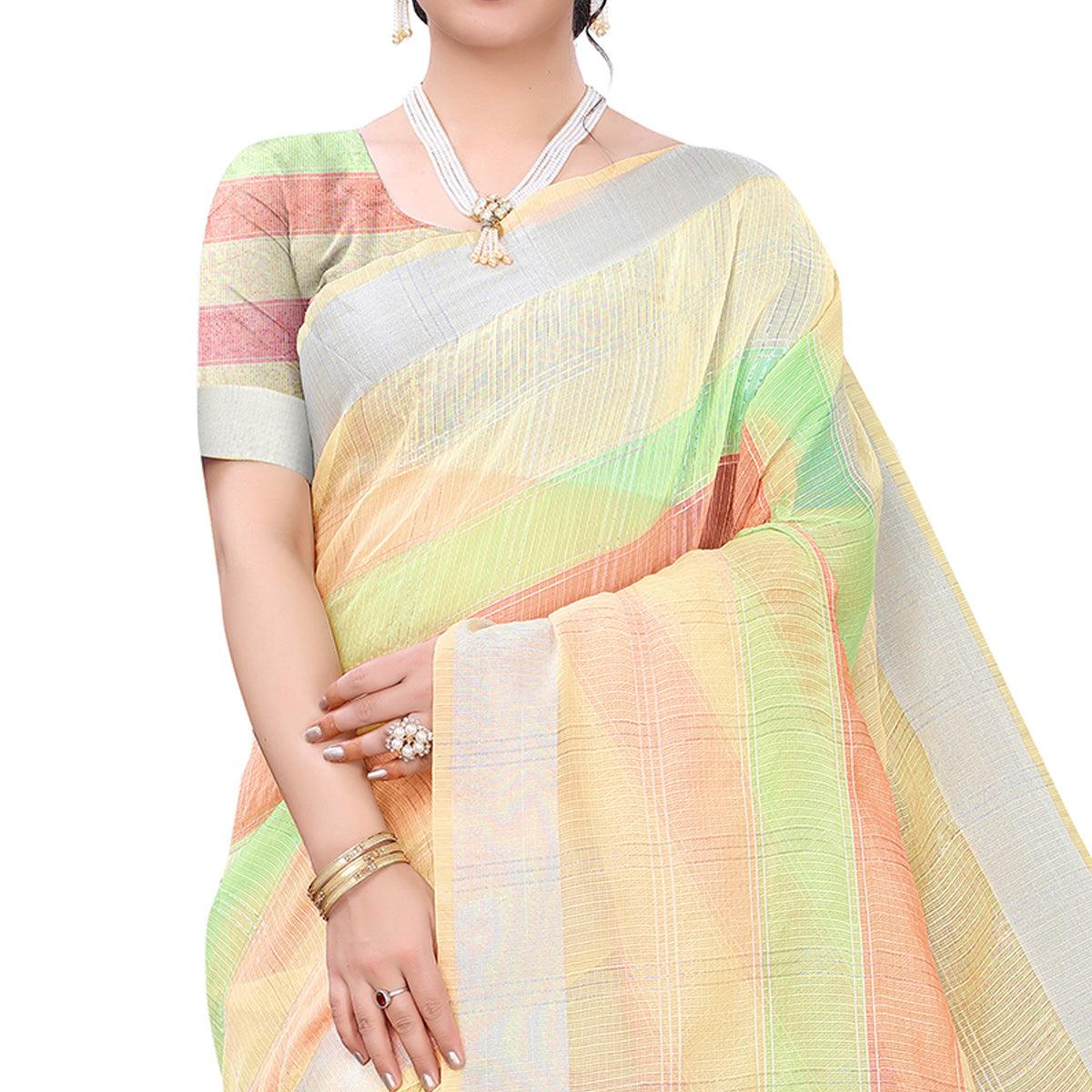 Light Yellow Casual Wear Checks Printed Silk Saree With Border
