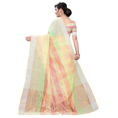 Light Yellow Casual Wear Checks Printed Silk Saree With Border