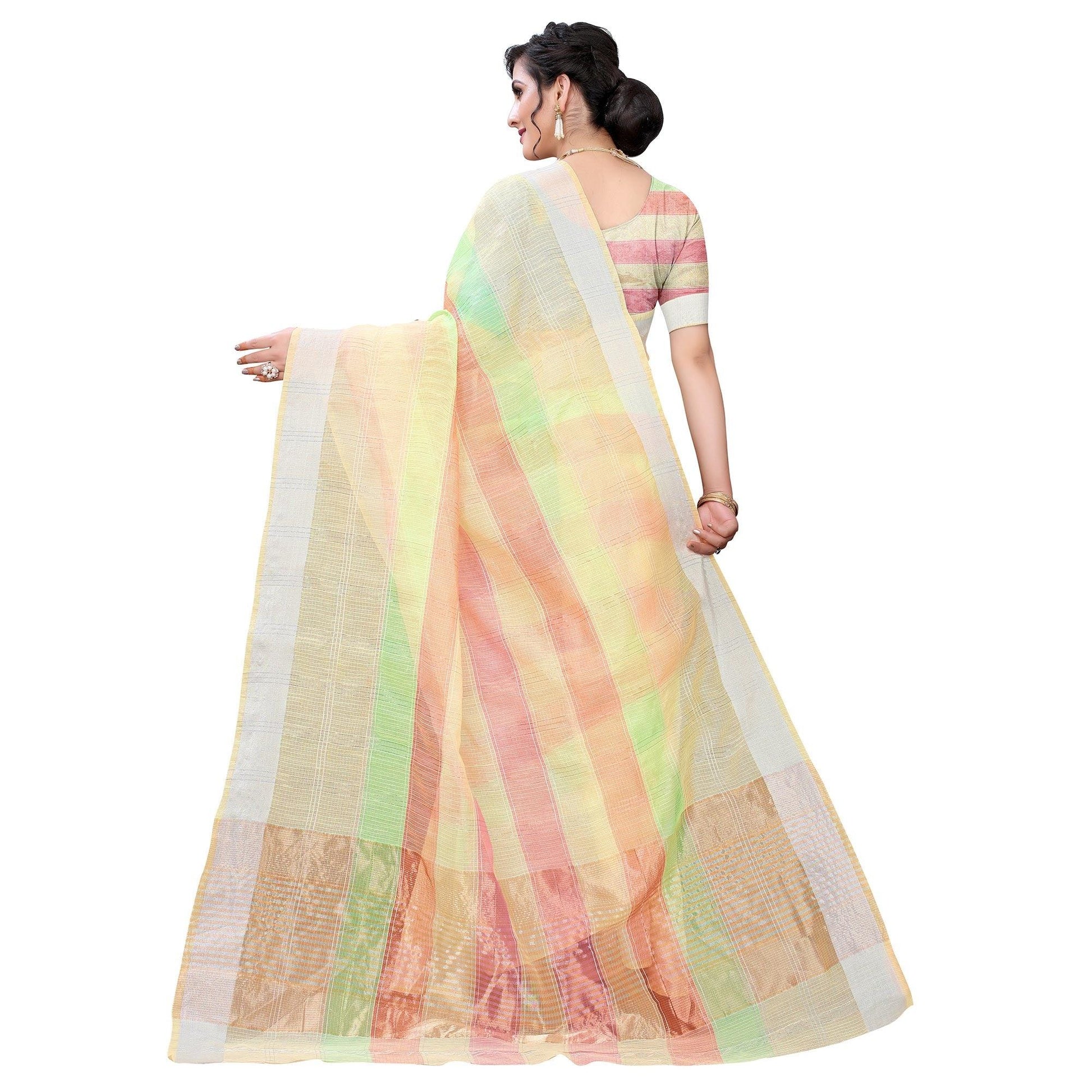 Light Yellow Casual Wear Checks Printed Silk Saree With Border