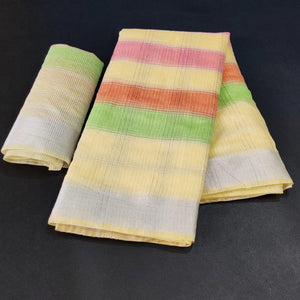 Light Yellow Casual Wear Checks Printed Silk Saree With Border