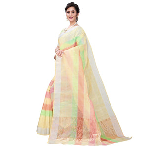 Light Yellow Casual Wear Checks Printed Silk Saree With Border