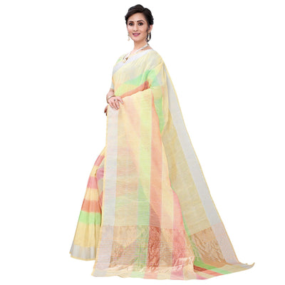 Light Yellow Casual Wear Checks Printed Silk Saree With Border