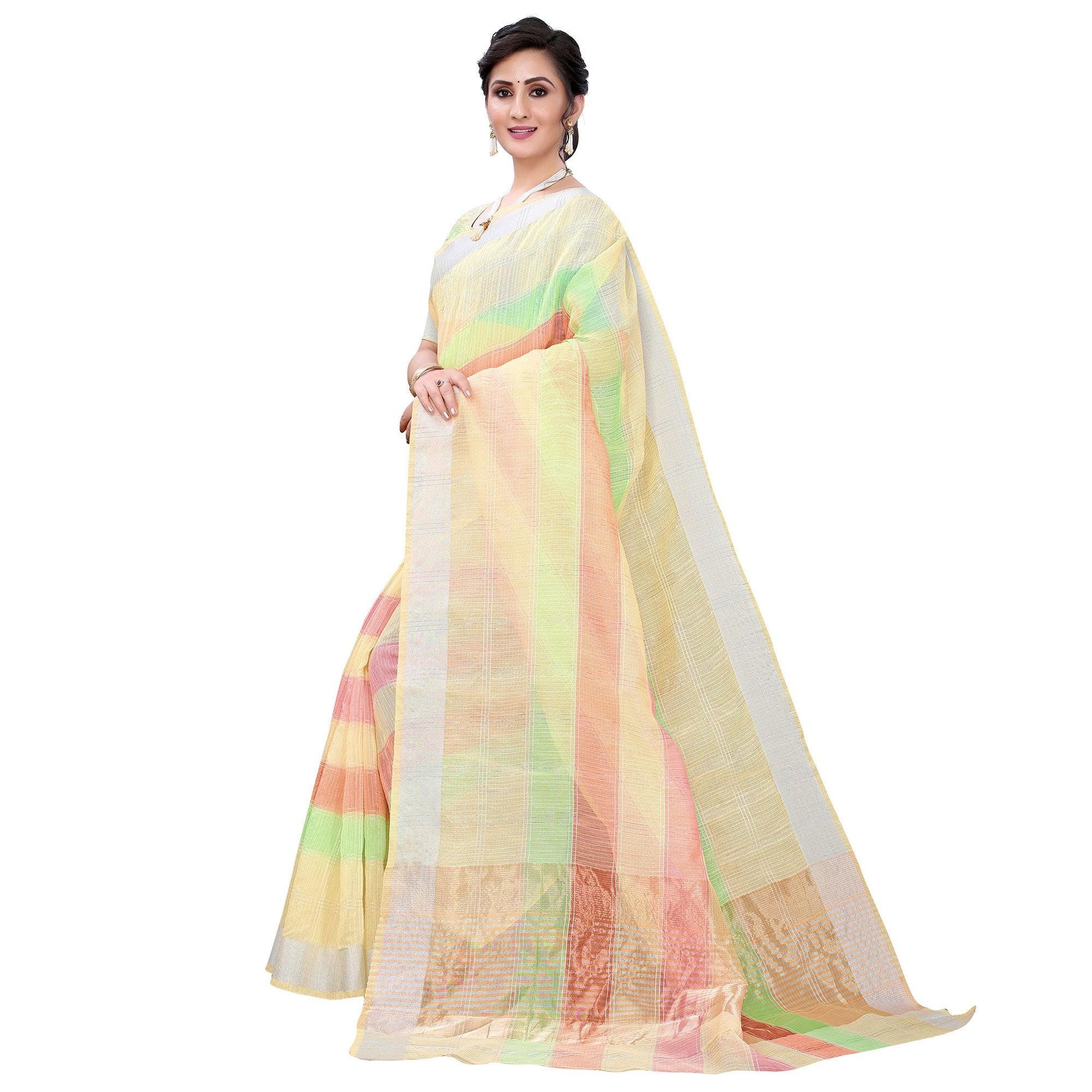 Light Yellow Casual Wear Checks Printed Silk Saree With Border
