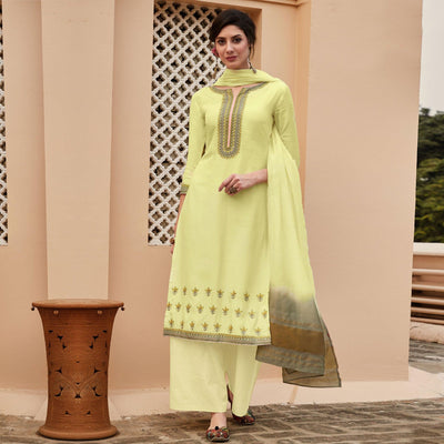 Light Yellow Casual Wear Embroidered Georgette Suit