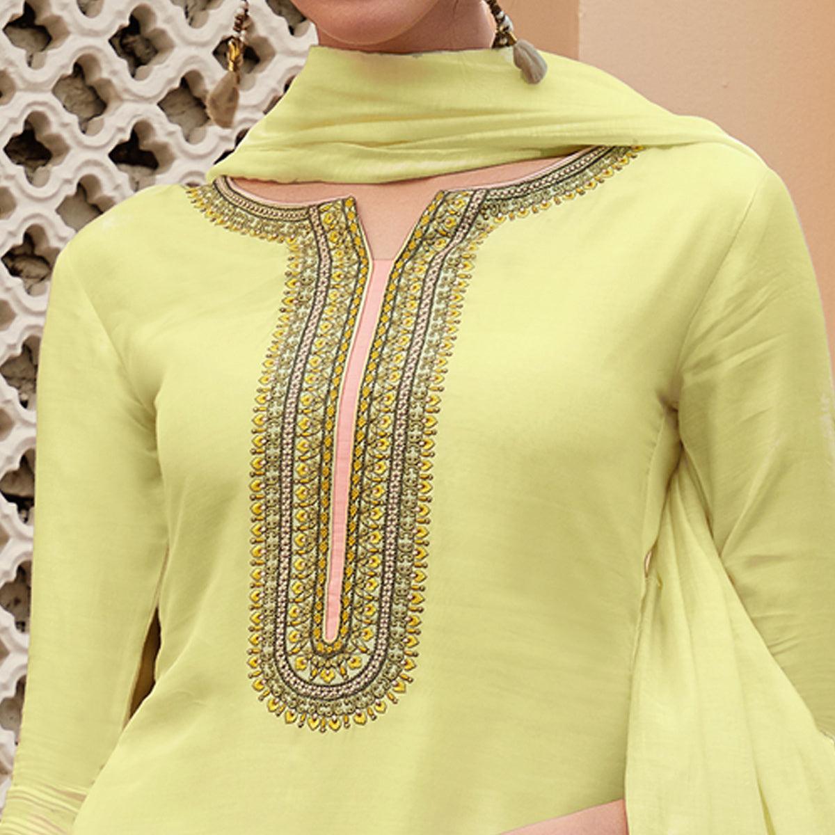 Light Yellow Casual Wear Embroidered Georgette Suit