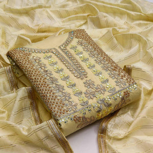 Light Yellow Casual Wear Floral Embroidery With Hand Work Modal Chanderi Dress Material