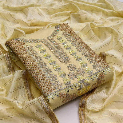 Light Yellow Casual Wear Floral Embroidery With Hand Work Modal Chanderi Dress Material