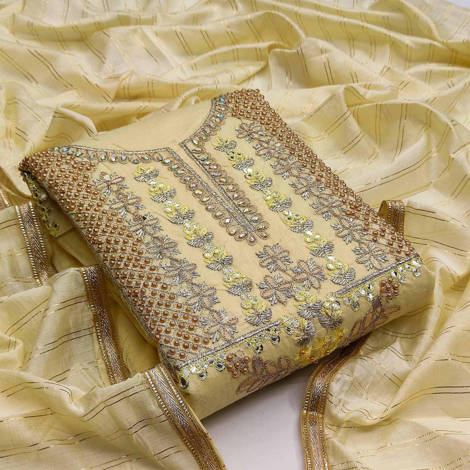 Light Yellow Casual Wear Floral Embroidery With Hand Work Modal Chanderi Dress Material