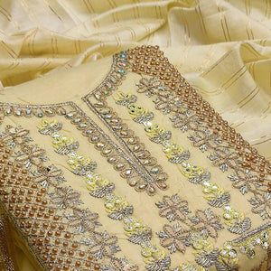 Light Yellow Casual Wear Floral Embroidery With Hand Work Modal Chanderi Dress Material