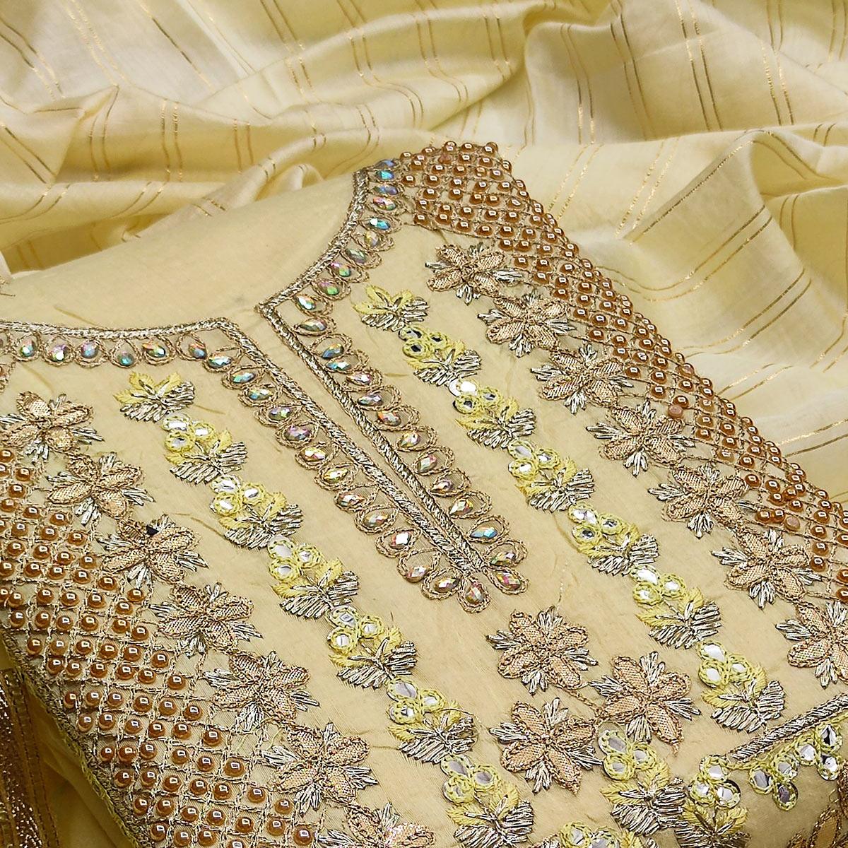 Light Yellow Casual Wear Floral Embroidery With Hand Work Modal Chanderi Dress Material