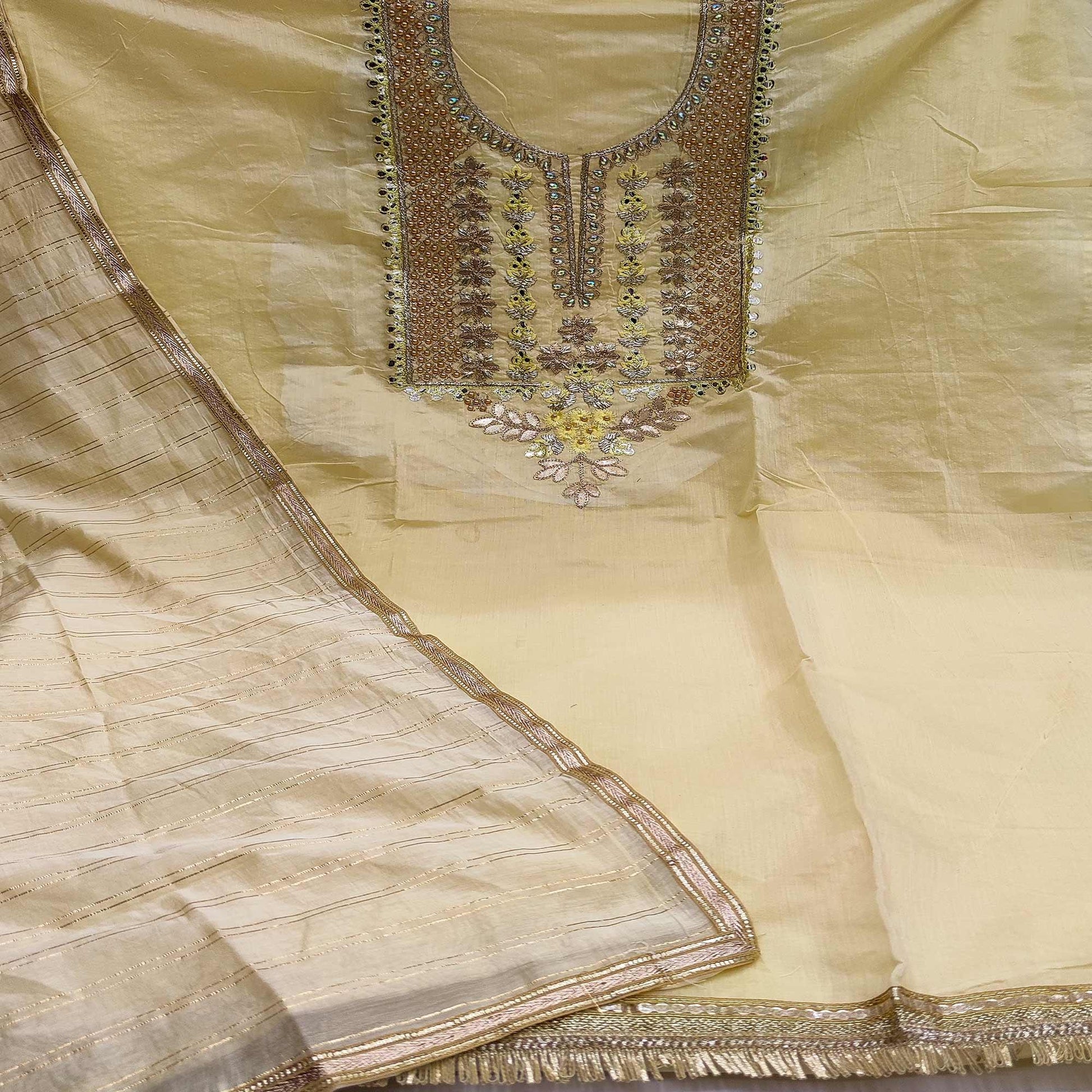 Light Yellow Casual Wear Floral Embroidery With Hand Work Modal Chanderi Dress Material