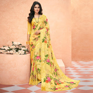 Light Yellow Casual Wear Floral Printed Chiffon Saree