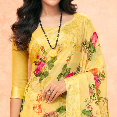 Light Yellow Casual Wear Floral Printed Chiffon Saree