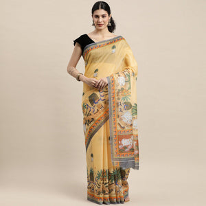 Light Yellow Casual Wear Floral Printed Cotton Saree