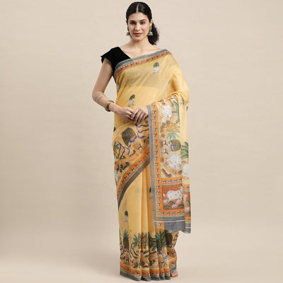 Light Yellow Casual Wear Floral Printed Cotton Saree
