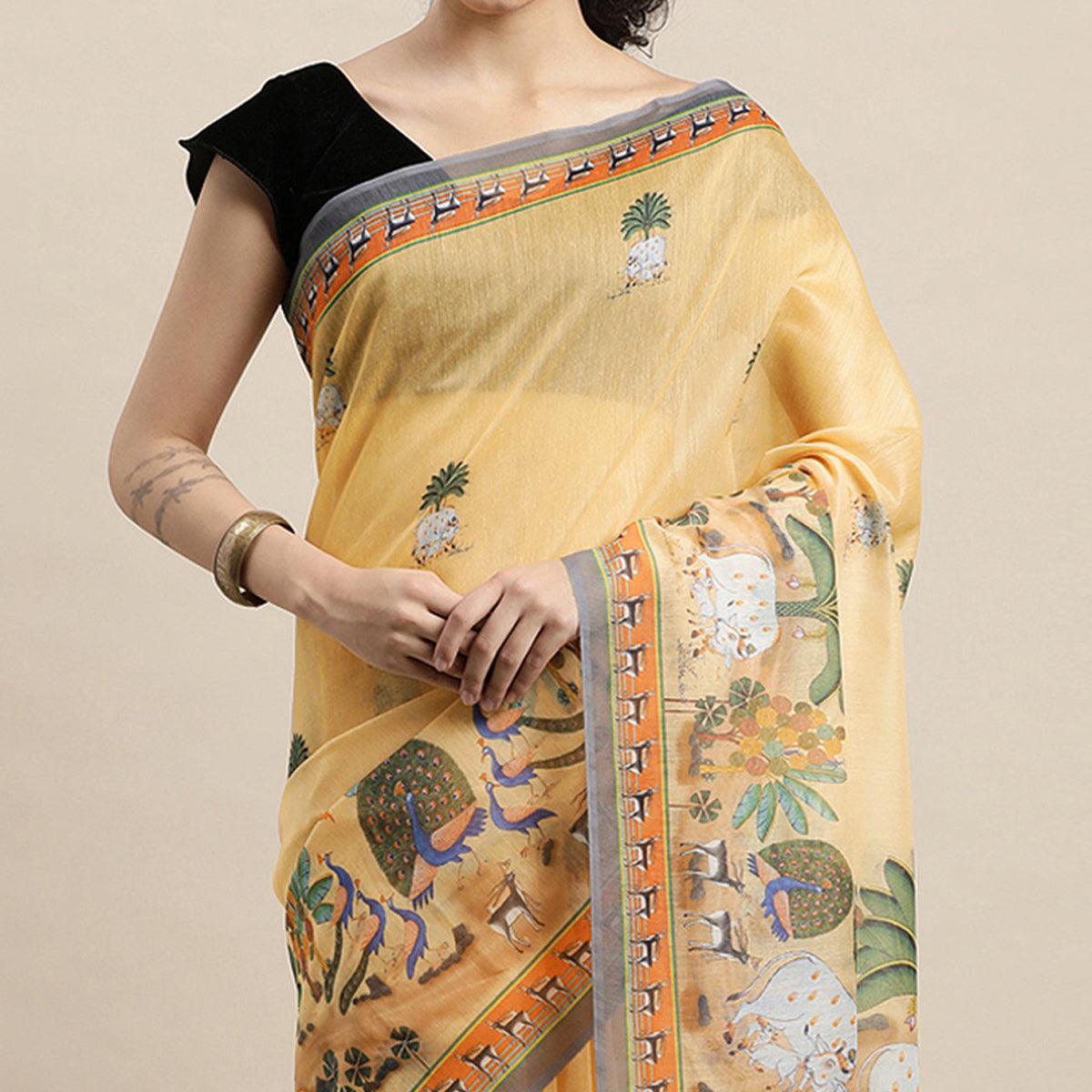 Light Yellow Casual Wear Floral Printed Cotton Saree