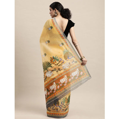 Light Yellow Casual Wear Floral Printed Cotton Saree