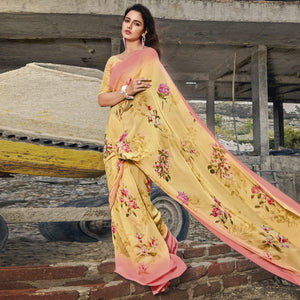 Light Yellow Casual Wear Floral Printed Georgette Saree