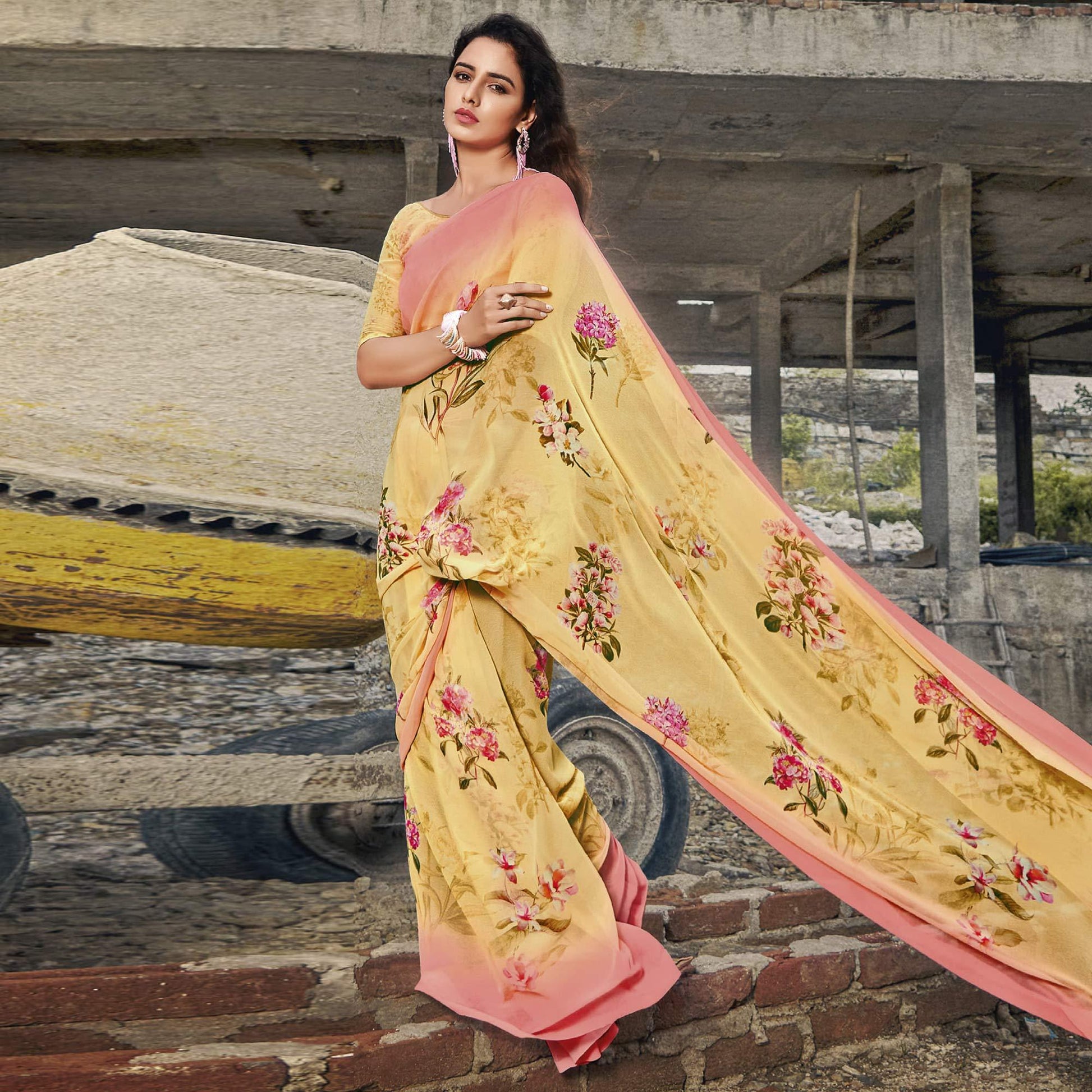 Light Yellow Casual Wear Floral Printed Georgette Saree